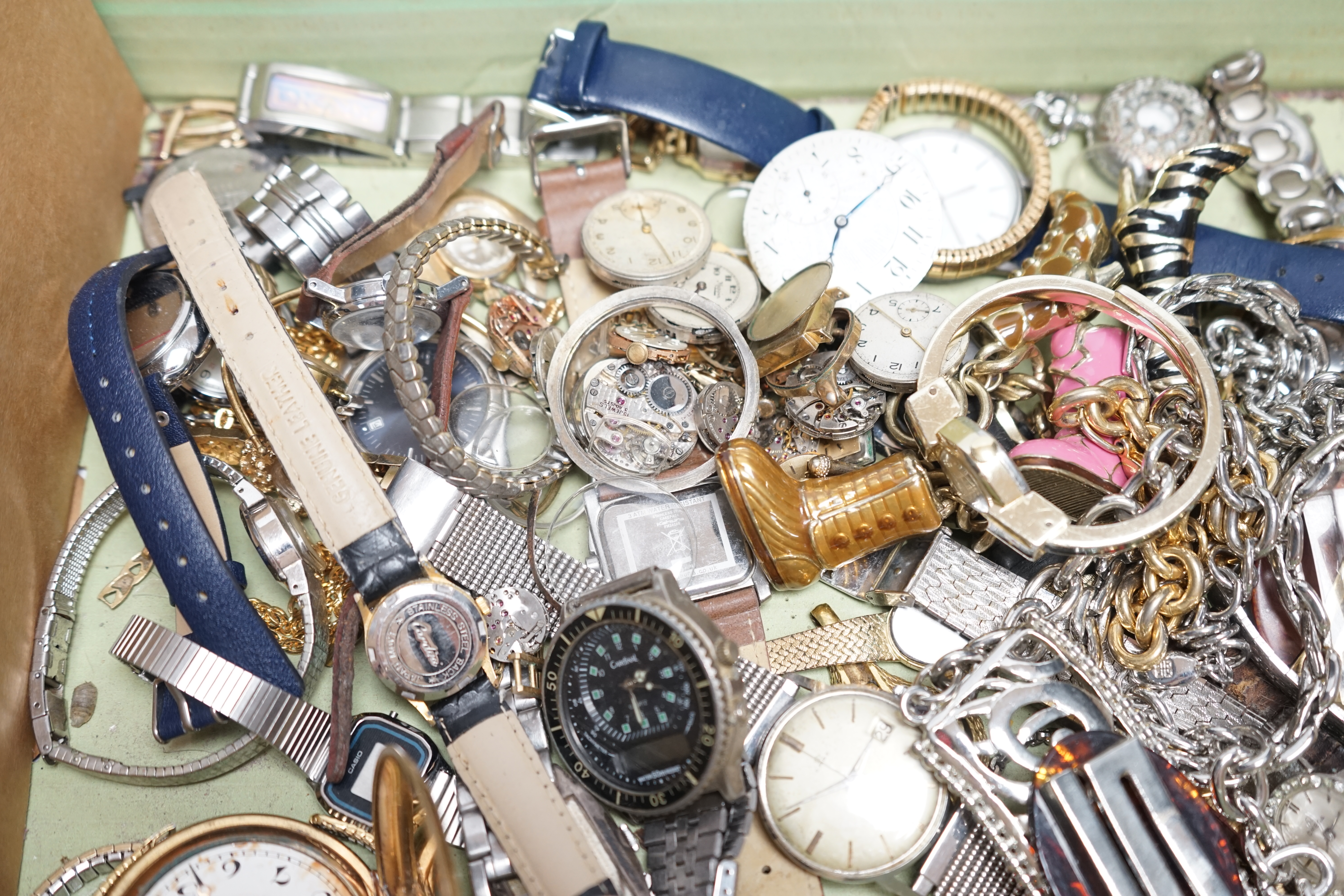 A small collection of assorted lady's and gentleman's wrist watches including Seiko, Erbe and Timex, a pocket watch and assorted costume jewellery including Givenchy. Condition - poor